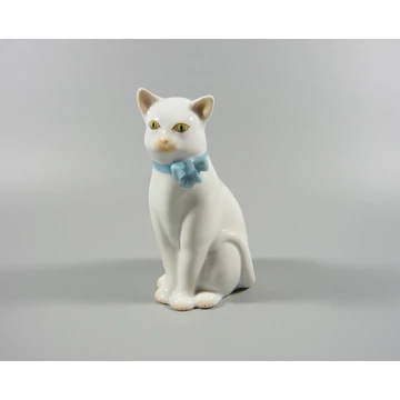 HEREND, WHITE CAT WITH A BUTTERFLY BOW, HANDPAINTED PORCELAIN FIGURINE ! (I132)