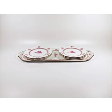 HEREND, RASPBERRY CHINESE BOUQUET DESSERT SERVICE FOR SIX, PORCELAIN (J371)