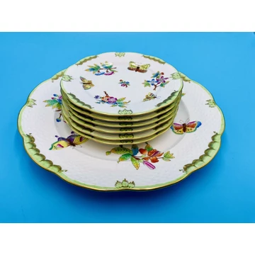 HEREND PORCELAIN HANDPAINTED QUEEN VICTORIA DESSERT PLATES AND SERVING TRAY (G005)