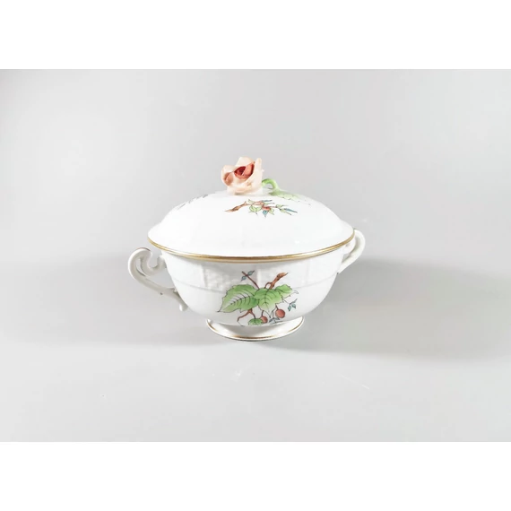 HEREND, ROSEHIP SOUP CUP BOWL WITH HANDLES, HANDPAINTED PORCELAIN ! (A022)