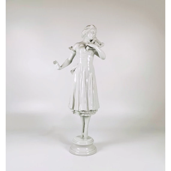 HEREND, ART DECO MUSICIAN LADY WITH A HARP, WHITE  PORCELAIN FIGURINE ! (D010)