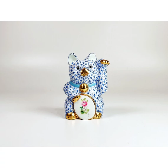 HEREND, BLUE FISHNET (VHB) MANEKI-NEKO WAVING CAT, PORCELAIN FIGURINE ! (D020)