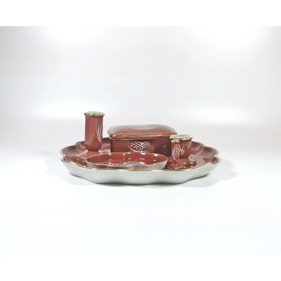 HEREND, CHINOISERIE RED ESTERHAZY SMOKING SET, HANDPAINTED PORCELAIN ! (H007)