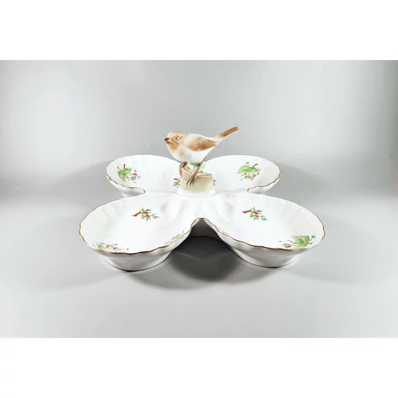 HEREND, QUADRA DISH CENTERPIECE WITH BIRD FIGURINE, HANDPAINTED PORCELAIN (H020)