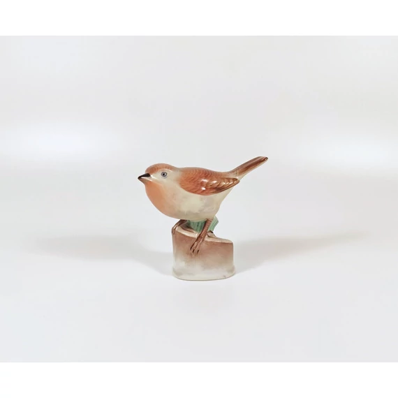 HEREND, BROWN SINGER BIRD ON A LOG, HANDPAINTED PORCELAIN FIGURINE (H025)