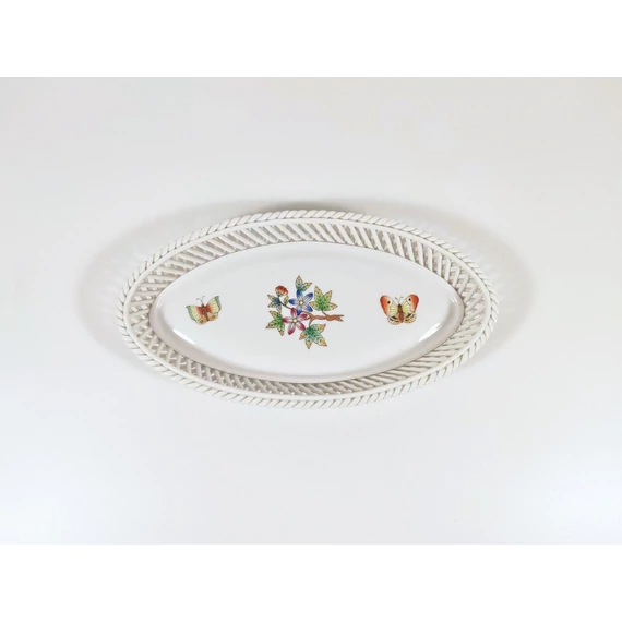 HEREND, QUEEN VICTORIA (VBO) OPEN WEAVE TRAY, HANDPAINTED PORCELAIN ! (H036)