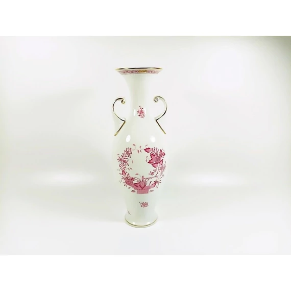 HEREND, RASPBERRY INDIAN BASKET VASE WITH HANDLES, HANDPAINTED PORCELAIN! (H119)