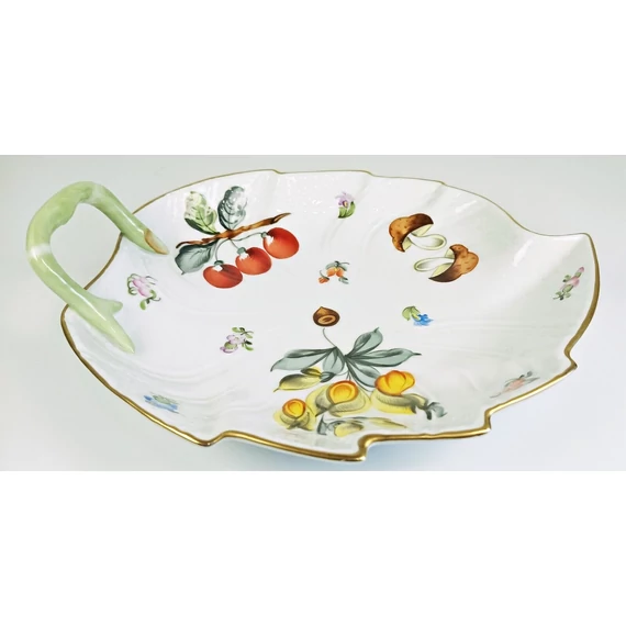 HEREND, FRUITS NECKER MUSHROOM FRUIT DECORATED LEAF SHAPED PORCELAIN DISH (H128)