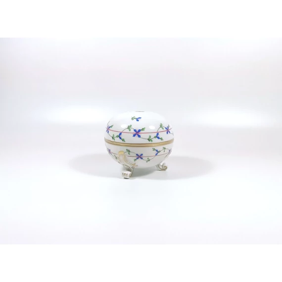 HEREND, BLUE GARLAND THREE-FOOTED OVAL BOX 4.5", HANDPAINTED PORCELAIN ! (I026)