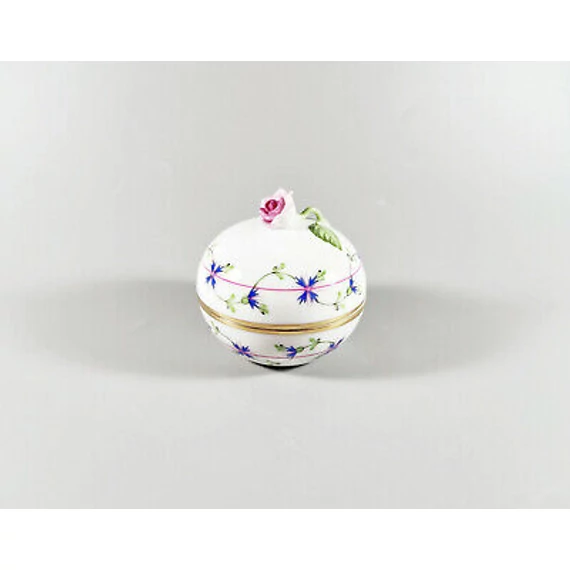 HEREND, BLUE GARLAND (PBG) BOX WITH ROSE FINIAL, HANDPAINTED PORCELAIN ! (I037)