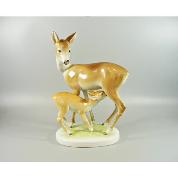 HEREND, DEER MOTHER WITH HER FAWN 9.8", HANDPAINTED PORCELAIN FIGURINE ! (I088)