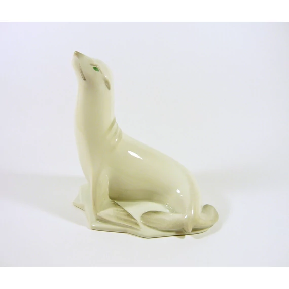 HEREND, SEAL, SEA-DOG ON ICE 7.2" HANDPAINTED PORCELAIN FIGURINE ! (I130)