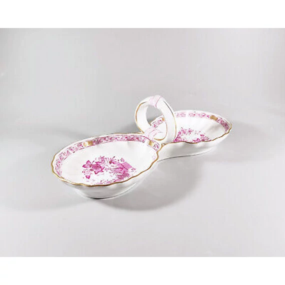 HEREND, RASPBERRY INDIAN BASKET DOUBLE SALT CELLAR, HANDPAINTED PORCELAIN (I201)