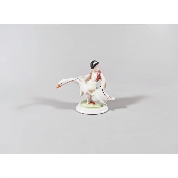 HEREND, GOOSE RIDER BOY, MINIATURE HANDPAINTED PORCELAIN FIGURINES (J020)