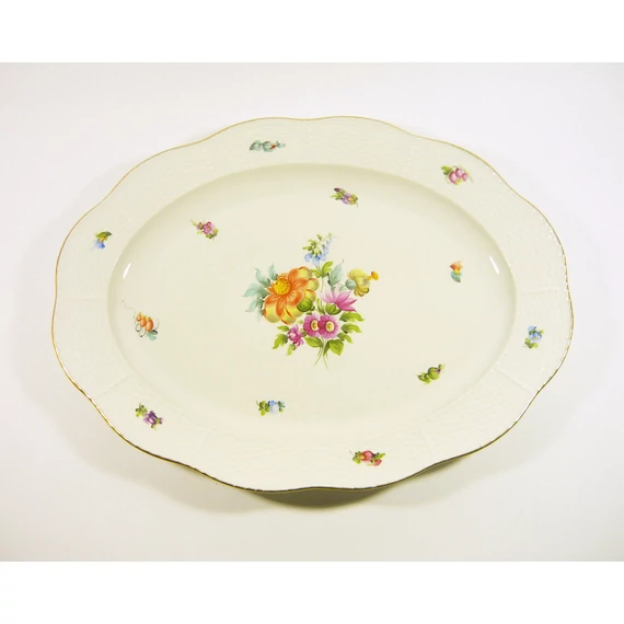 HEREND, BOUQUET DE SAXE PLATTER, CHARGER TRAY, HANDPAINTED PORCELAIN ! (J041)