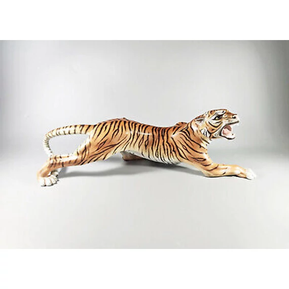 HEREND, HUNTING TIGER BIG CAT 17", HANDPAINTED PORCELAIN FIGURINE MCD ! (J042)