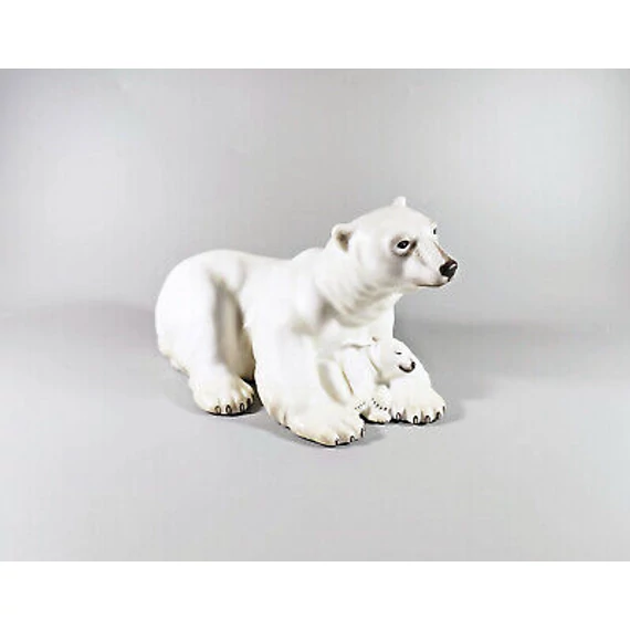 HEREND, POLAR BEAR MOTHER & CUB, HANDPAINTED PORCELAIN FIGURINE MCD ! (J048)