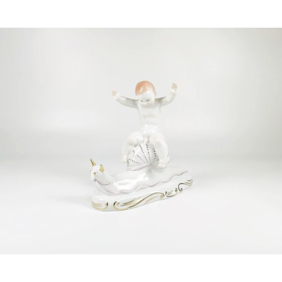 HEREND, PUTTY BOY RIDING ON A SNAIL 7", HANDPAINTED PORCELAIN FIGURINE ! (J075)