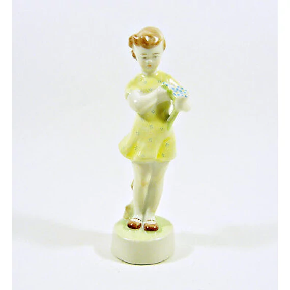 ZSOLNAY, GIRL IN YELLOW DRESS WITH FLOWER VINTAGE HANDPAINTED PORCELAIN ! (J252)