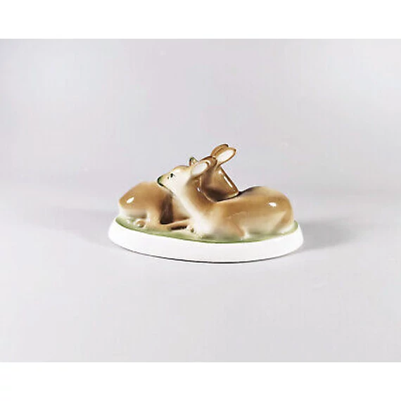 ZSOLNAY, A PAIR OF DEER FAWNS, VINTAGE HANDPAINTED PORCELAIN FIGURINE! (J308)