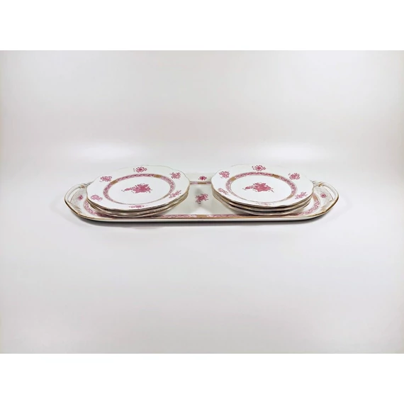 HEREND, RASPBERRY CHINESE BOUQUET DESSERT SERVICE FOR SIX, PORCELAIN (J371)